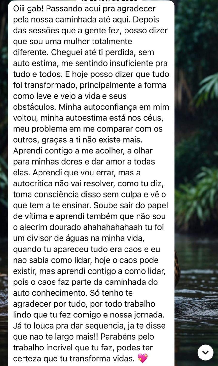 Print de conversa no WhatsApp com um relato sobre autoestima e autoconhecimento após o processo terapêutico